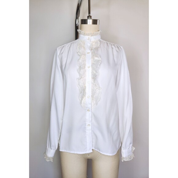 1970s LANZ Lace Blouse Ruffled Button Down Shirt Blouse KOREAN Collar size XS - Picture 2 of 10